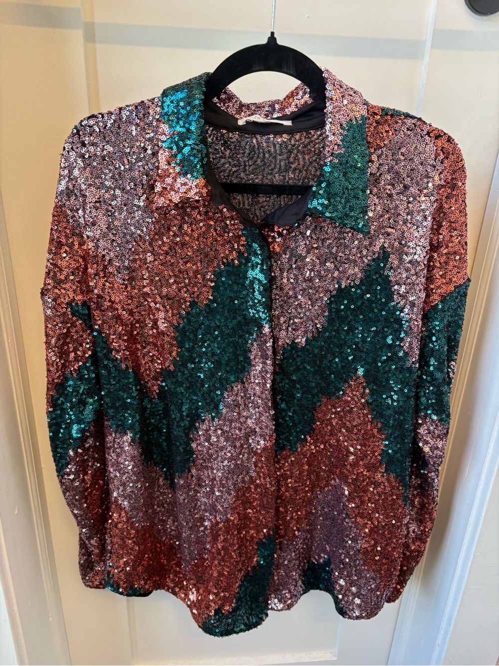 12th Tribe Sequin Chevron Button-Up in Rose Gold & Teal
